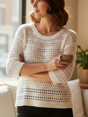 Old Navy White Open Knit Crochet Sweater Medium 3/4 Sleeve